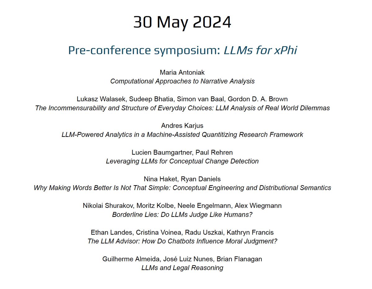 izaskoczen (@izaskoczen) on Twitter photo The preconference symposium, LLMs for xPhi, on May 30th, will be streamed online🤖🚀. If you would like a link, fill out this form: forms.office.com/e/341y7HhG8J full program: sites.google.com/view/xphi2024k… #euroxphi The preconference symposium, LLMs for xPhi, on May 30th, will be streamed online🤖🚀. If you would like a link, fill out this form: forms.office.com/e/341y7HhG8J full program: sites.google.com/view/xphi2024k… #euroxphi