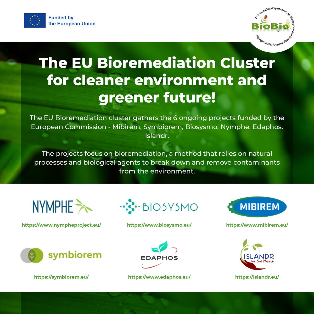 The #BioBio2024 Conference (Prague, 16-20 June) will host the 2nd EU #bioremediation event. On 20/6 at 8.30 all EU-funded projects on bioremediation @symbiorem_eu, @mibirem, @Nympheproject, @biosysmo, @EDAPHOSproject and @ISLANDR_HEU will share their latest results (1/3)