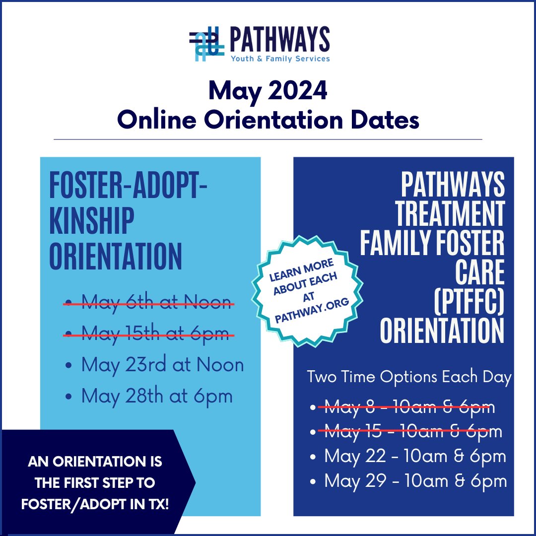 PathwaysYFS's tweet photo. There are still orientation dates remaining in May! Join us and learn about our foster care and adoption programs. If you’re interested in traditional foster/kinship/adoption, or if you want to learn more about the PTFFC Program, register now: https://t.co/2D2DzF6Aey https://t.co/k8ifHApvX5