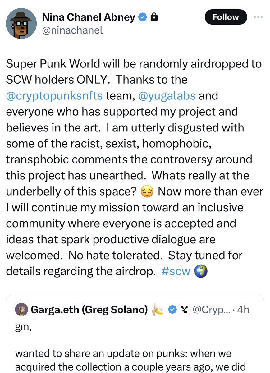 Behold the artist Yuga collaborated with to create a new  punks collection calling critics of this expansion racist, sexist, homophobic, and for good measure transphobic all in one tweet 

this is how she continues her mission toward an 'inclusive community'

throw the L's up