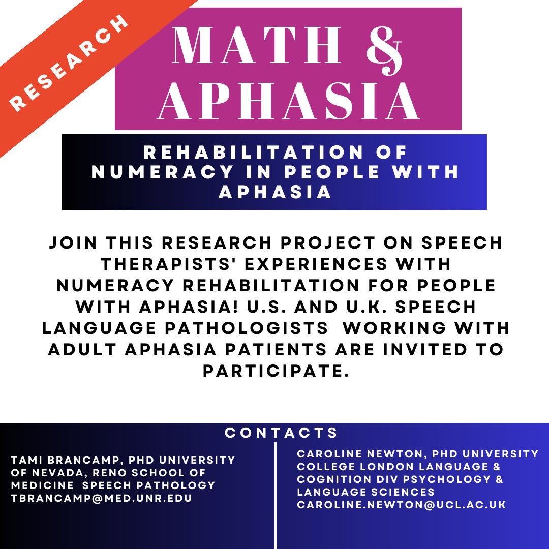 📢 Speech Language Pathologists! Dr. Brancamp & Dr. Newton invite you to join a study on numeracy struggles in people with aphasia. Interested? Participate here: tinyurl.com/numbersqu 
#slp #speechlanguage #speechtherapy #speechlanguagepathologist #math  #aphasia #stroke