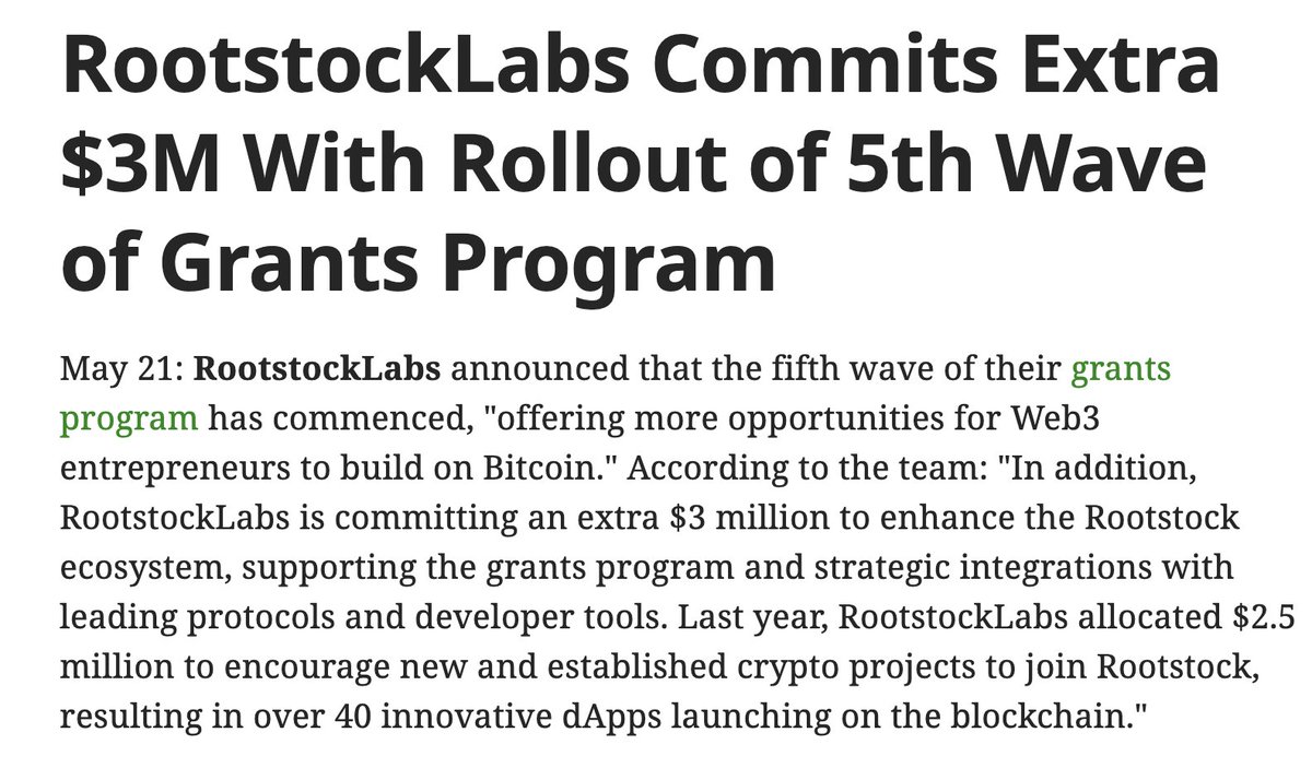danielfogg's tweet photo. We have a $3M grant pool this year for #bitcoin builders launching protocols on @rootstock_io. Get in touch withe @RootstockLabs ecosystem team and apply here today! https://t.co/TdYhPivZ5F

Thanks @Liqquidity for the coverage 🙏. The @CoinDesk Protocol Village newsletter is still the best source of industry updates in the game. 
https://t.co/AzKoZcdAlZ