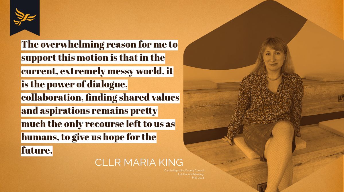 The Council is debating the motion on international collaboration brought by Cllr van de Ven @susanvandeven. Here is Cllr Maria King's <a href="/kingkoroleva/">Maria King</a>