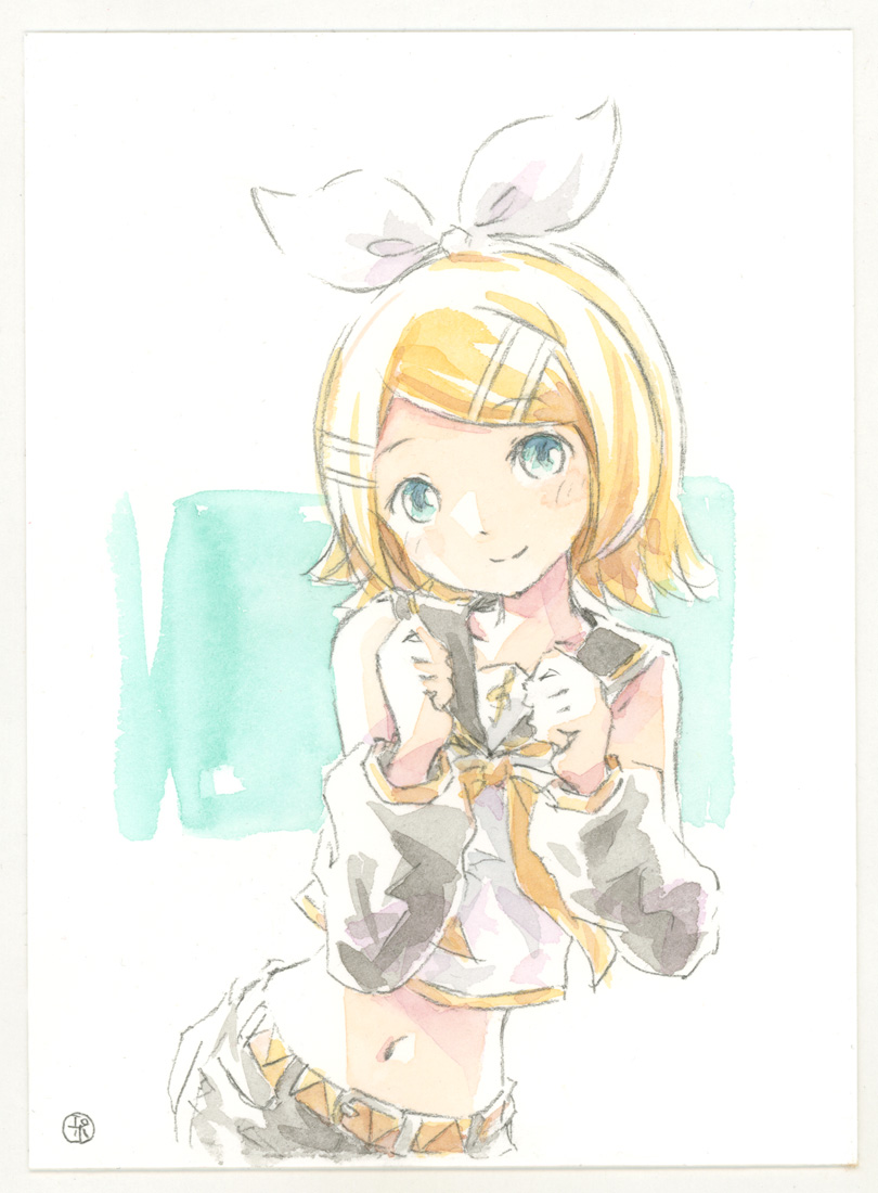 kagamine rin 1girl solo looking at viewer smile short hair blue eyes shirt  illustration images