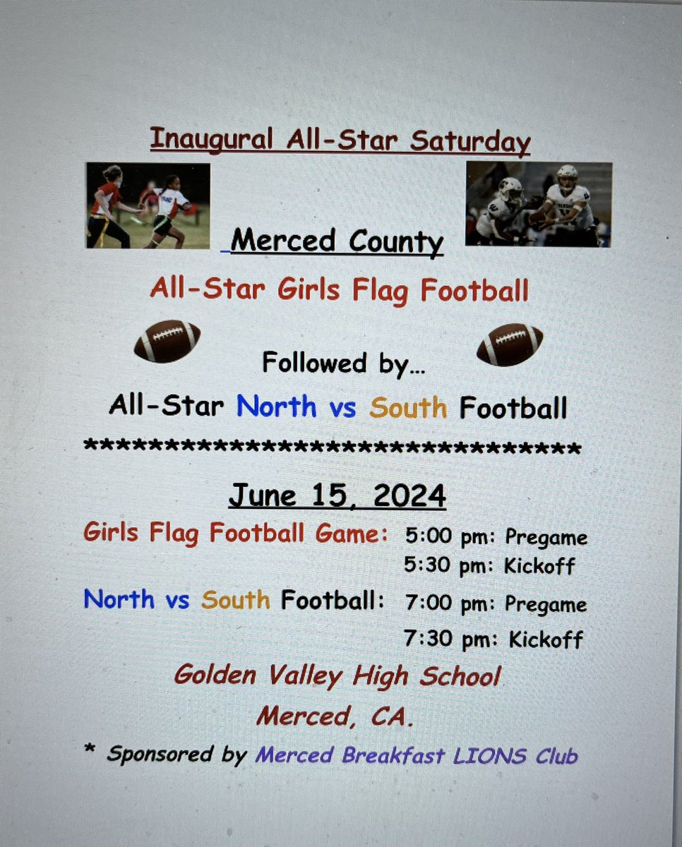 Mark your calendar for All Star Saturdays
June 8: Merced County All Star Baseball!
June 15:  Merced County All Star Girls Flag Football followed by North vs South Football games.