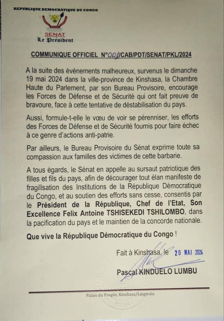 Coup d'État raté,le Président du Bureau d'âge du Sénat, Pascal Kinduelo,a appelé les Congolais au sursaut patriotique,afin de décourager tout élan de déstabilisation des institutions & apporte son soutien à @Fatshi20 dans la pacification du pays. @jacksonmukunda @ilungajordan1