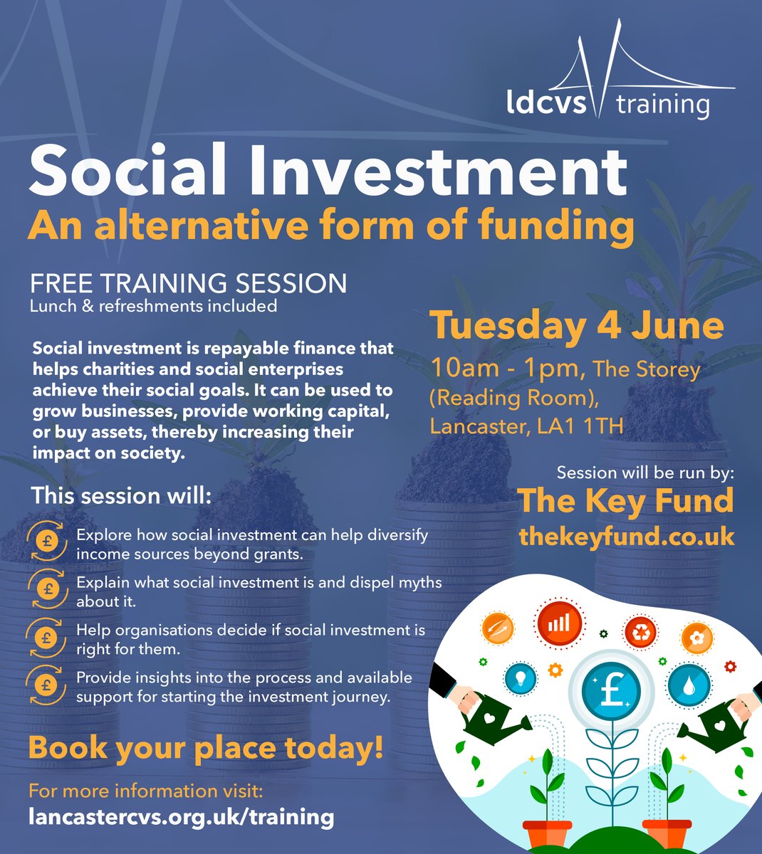FREE Trainining Session! 4 June 2024, 10am - 1pm at The Storey, Lancaster🌱 Learn to use repayable finance, diversify your income, and grow your impact with insights from the @KeyFund team. Lunch provided! 🚀 Register now: tinyurl.com/mb77ktmp #SocialInvestment #ThirdSector