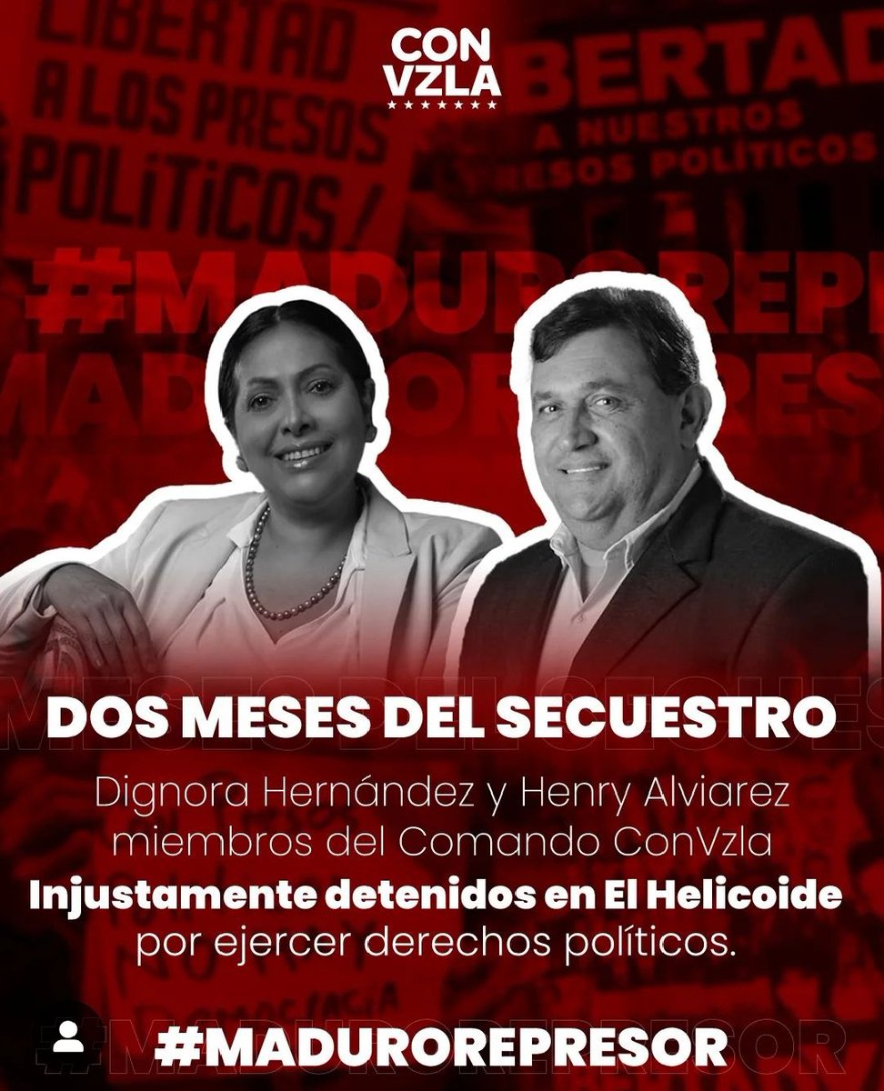 A dos meses del secuestro de los dirigentes de @VenteVenezuela @DignoraHernandz y @HenryAlviarez, aún se encuentran incomunicados, no se les ha permitido el contacto con sus abogados, ni visitas de familiares. #LibertadParaLosPresosPolíticosPolíticos
