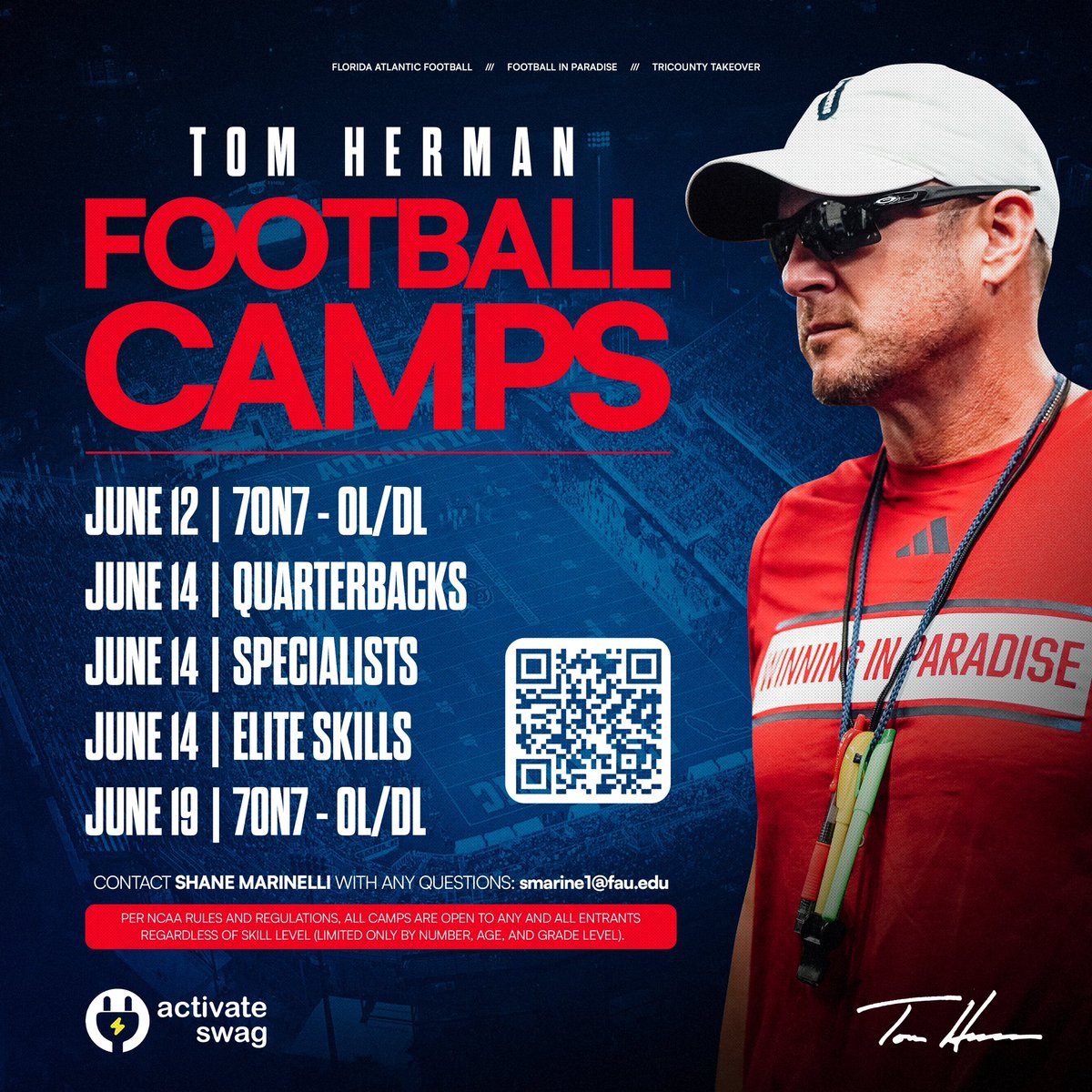 Almost camp season in Paradise!🏈🏝️ For more information and to register, visit the camp website⬇️ tomhermanfootballcamps.com #TriCountyTakeover | activateswag.com
