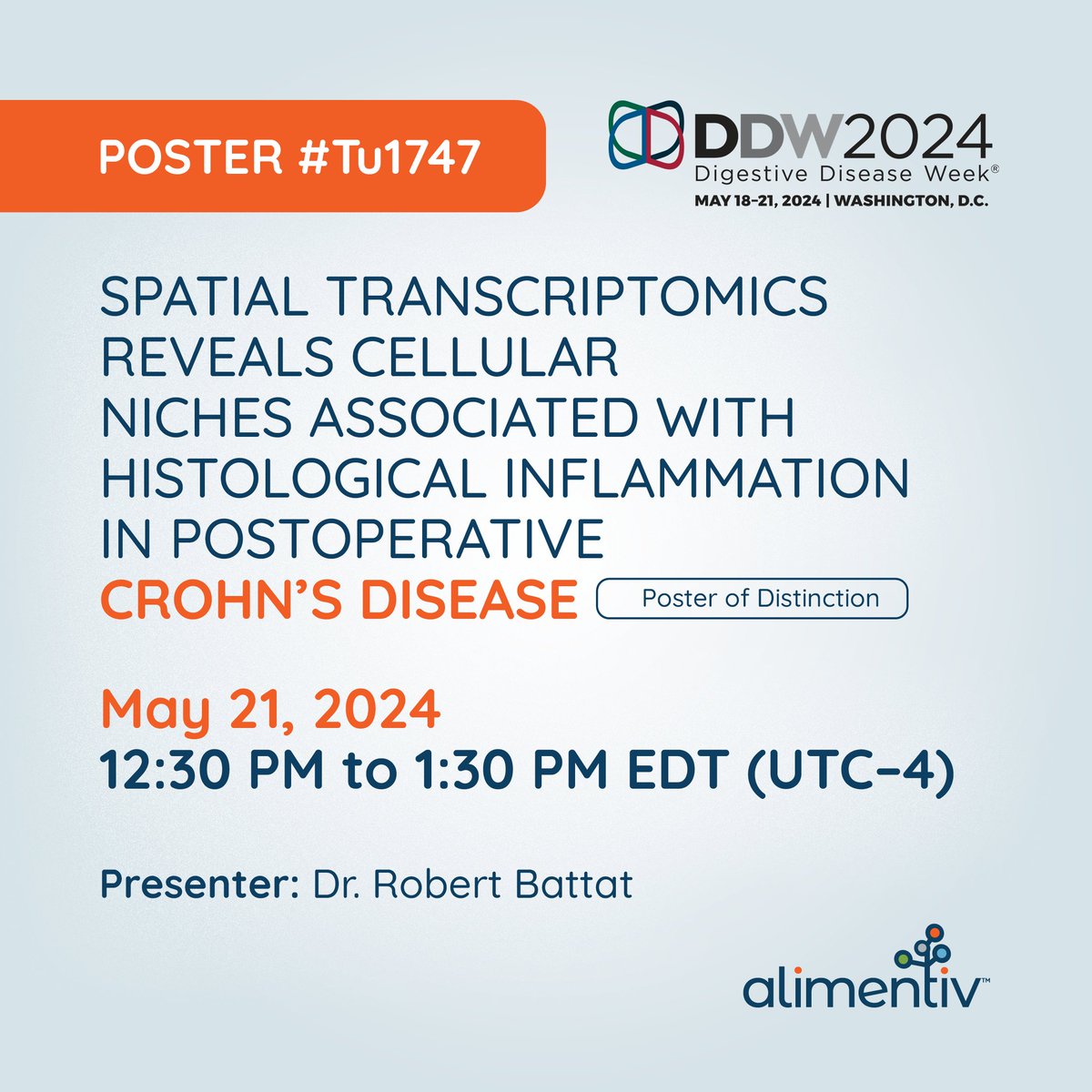 alimentiv's tweet image. Reminder to join @BattatMD4IBD Poster Presentation on transcriptional signatures associated with inflammation in #crohnsdisease at #DDW2024.

📅 Tuesday, May 21, 12:30 to 1:30 PM in the Omics for Prognosis, Therapeutic Selection, and Mechanisms session.
#DDW #DDW2024 #Alimentiv