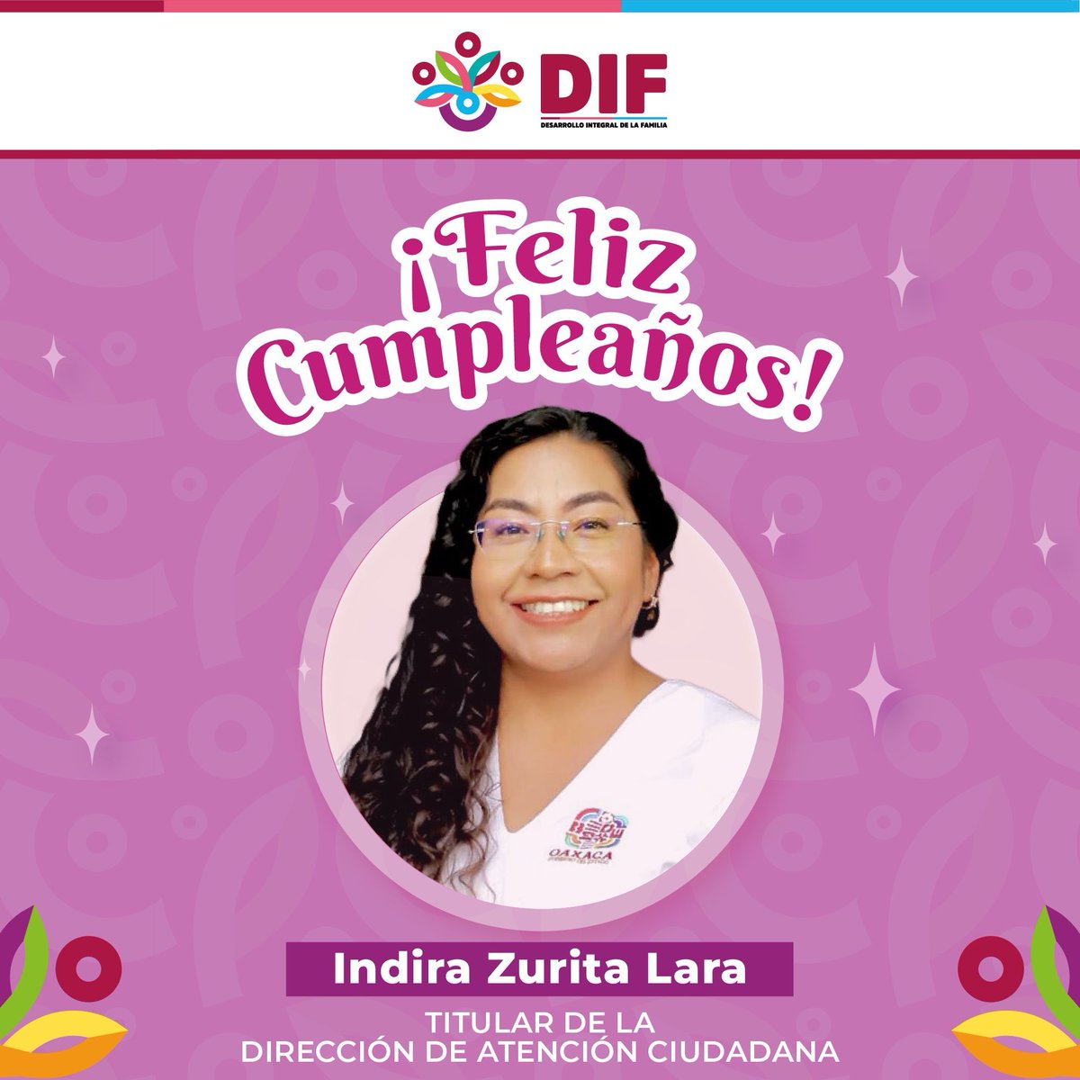 Externamos nuestros mejores deseos a Indira Zurita Lara, directora de Atención Ciudadana y Vinculación Social del Gobierno del Estado, por la celebración de su cumpleaños. Deseamos que la pase rodeada del amor de su familia y amistades. ¡Muchas felicidades!