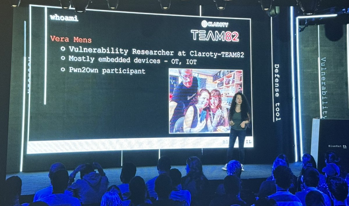 Inspiring message by <a href="/V3rochka/">Vera Mens</a> from <a href="/Claroty/">Claroty</a>’s  #Team82 at <a href="/BlueHatIL/">BlueHat IL</a>, sharing her journey from attending her first #BlueHat 7 years ago as a software developer interested in cybersecurity to the #BlueHatIL stage: “everything is possible!”