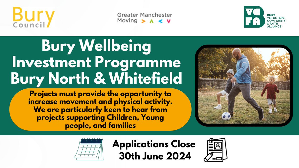 Bury Wellness Investment Fund offers up to £1000 for wellbeing & physical activity in Whitefield & Bury North! VCSE groups: schools & organizations. Prioritizing youth, families, seniors, & health conditions. Meet the funder on May 22. Details below ⬇️ lght.ly/nee1bej