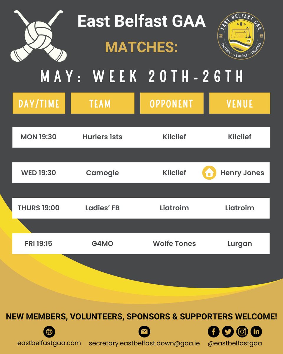 ⚫️🟡 This Week’s Matches 🟡⚫️ Fancy a walk? There's plenty of space around the pitch! Cya all there! Can’t make a match yet want to support? Sponsor a ball! tinyurl.com/BallSponsorEBG… As always we wish all players and the management team good luck! #Together #LeChéile #Thegither