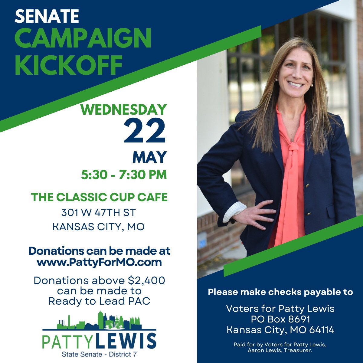 Hope you will join me tomorrow for our State Senate District 7 Campaign Kickoff at The Classic Cup Cafe, 301 W 47th St, KC, MO. Bring your family, friends and neighbors. The more the merrier! See ya tomorrow. #MOLeg #MOSen #Patty4MO