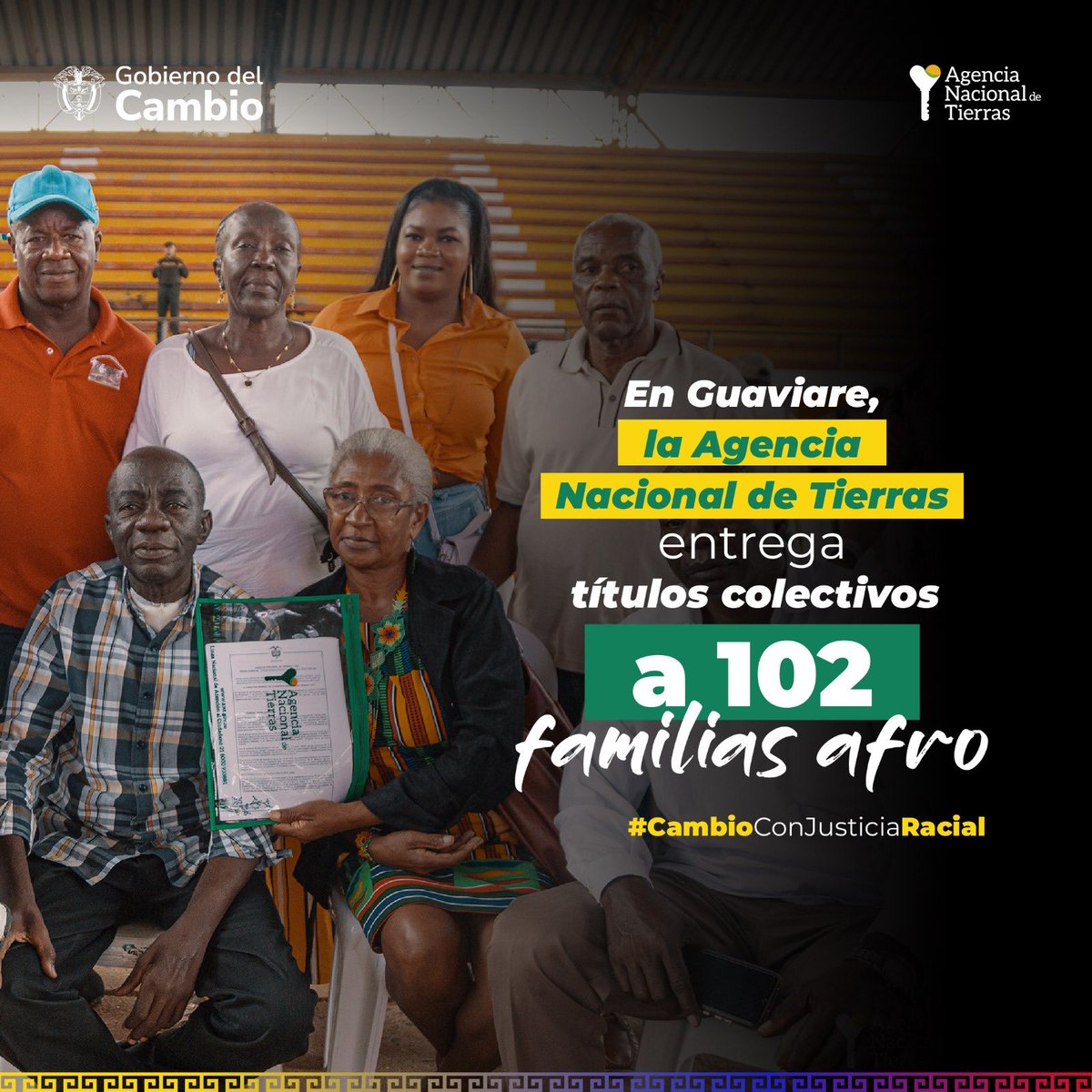 En el Guaviare, la Agencia Nacional de Tierras, ha entro o títulos colectivos a 102 familias Afro para que sean administrados y producidas por ellos mismos. Este sí es un verdadero #CambioConJusticiaRacial