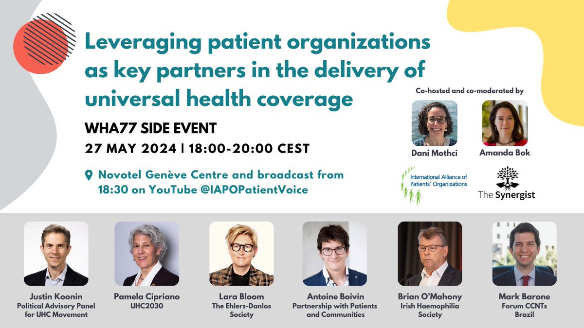 Meet the speakers 🗣️ and join us and @The_Synergist  on 27 May at the #WHA77! 🌎
@Amanda_Bok @JustinKoonin @PamCiprianoRN @LaraBloom @Brianhemophilia @MarkTUBarone @UHC2030 
#UHC #UniversalHealthCoverage #HealthForAll #LeaveNoOneBehind #SocialParticipation