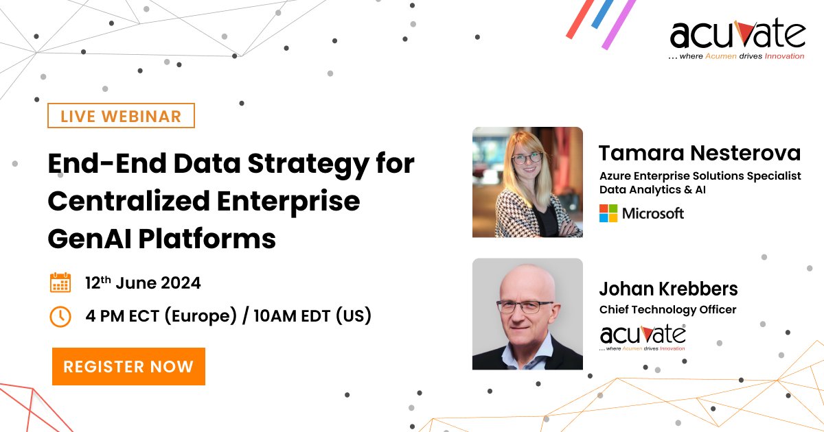 Join us on June 12th, 2024, at 4:00 ECT / 10:00 AM EDT for an #exclusivewebinar on 'End-to-End Data Strategy for Centralized Enterprise GenAI Platforms.' Secure Your Spot: hubs.li/Q02xX_6j0 #GenAI #AI #BusinessExcellence #Webinar #acuvate #microsoft #registernow