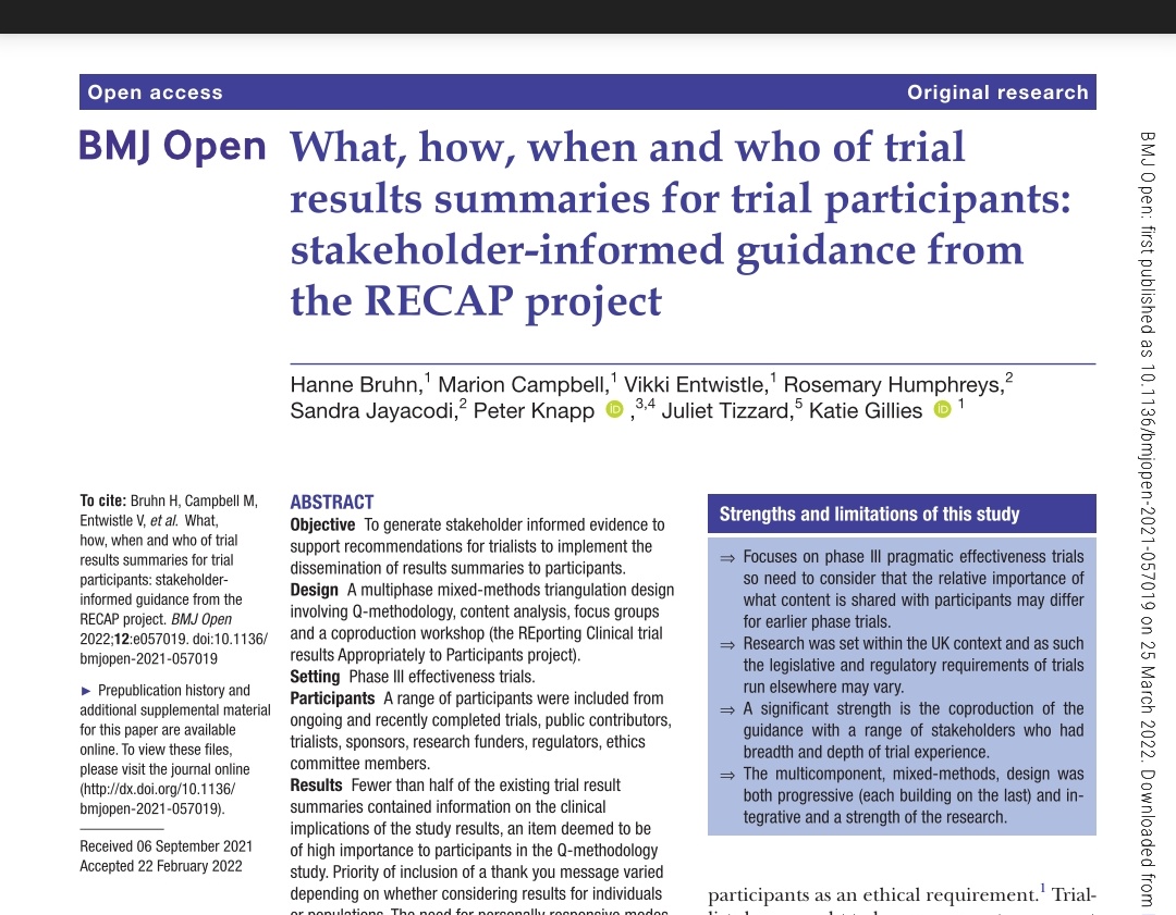 Discussion #SCT2024 of how to share results with trial participants at end of trial. We've done work on the what, how, when and who of sharing results. Setting out some key suggestions on what trial teams should consider bmjopen.bmj.com/content/12/3/e…