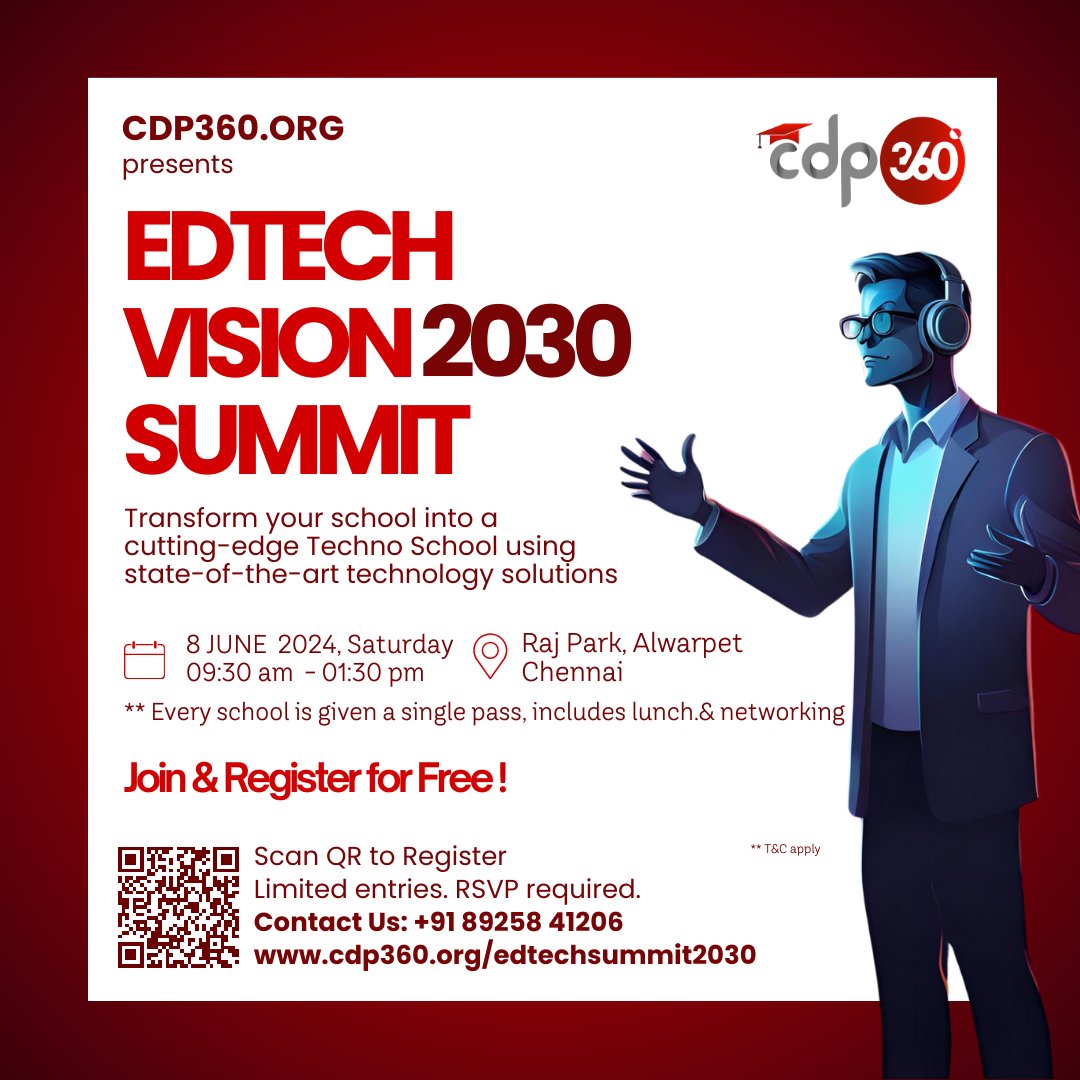 CDP360EdTech's tweet photo. 📚✨ Welcome to the EdTech Summit 2030!

🚀💡 Are you an educator looking to integrate cutting-edge technology into your teaching or school? This EdTech Summit 2030 is the place to be! Join us at the EdTech Summit 2030.  Don't miss ! 

#EdTechSummit2030 #EducationInnovation https://t.co/sNksMHQTvs