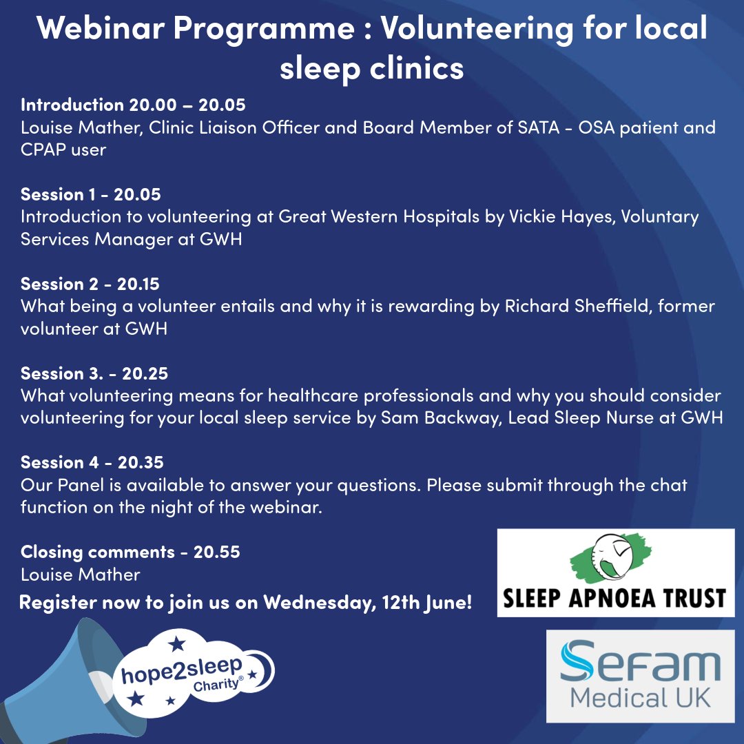 #SleepApnoea Patients - Interested in volunteering in your local sleep clinic? We're doing a shout out for the <a href="/ApnoeaTrust/">Sleep Apnoea Trust</a>  who we work closely with and the <a href="/OSAPartnership/">OSA Partnership Gp</a> , to invite you to their webinar 12th June 8pm, sponsored by <a href="/SefamUk/">Sefam Medical UK</a> 
 shorturl.at/CxxJJ