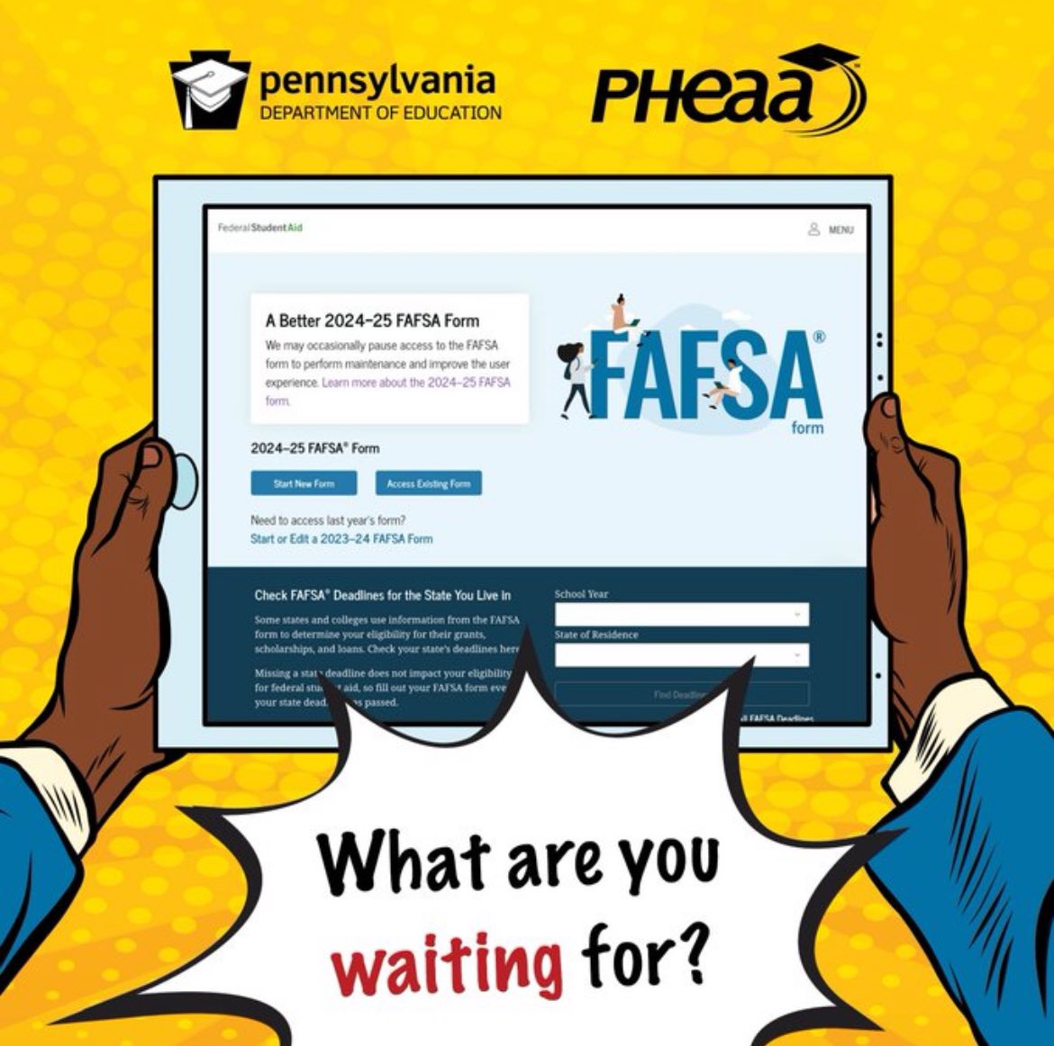 Neighbors and #YoungestConstituents - @PHEAAaid has extended the submission deadline for the Free Application for Federal Student Aid (FAFSA®), for the PA State Grant, to June 1, 2024. For more information, please visit: pheaa.org/fafsa.