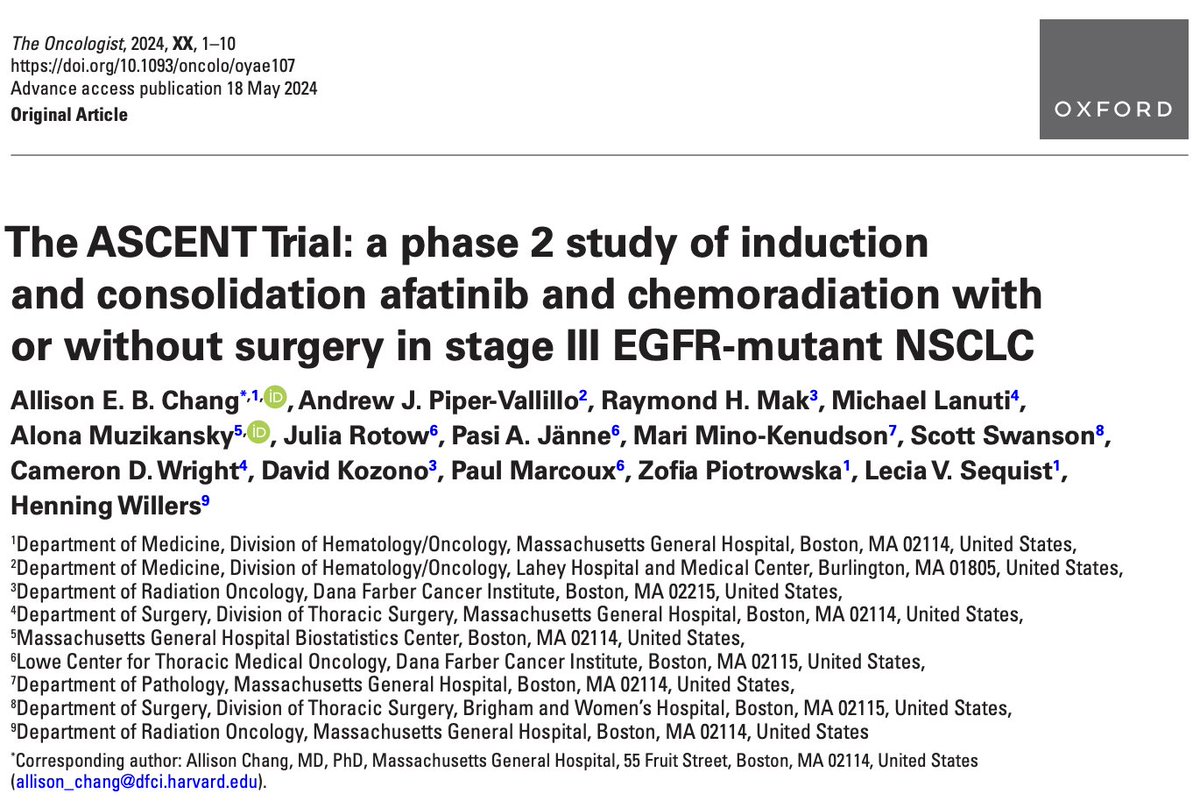 🔹The ASCENT trial explores combining afatinib with chemoradiation, with or without surgery, in stage III EGFR-mutant NSCLC. 
Results show a 63% response rate to induction TKI, with promising PFS (2.6 years) and OS (5.8 years). 
 
#LungCancer #NSCLC #OncologyResearch @aebchang