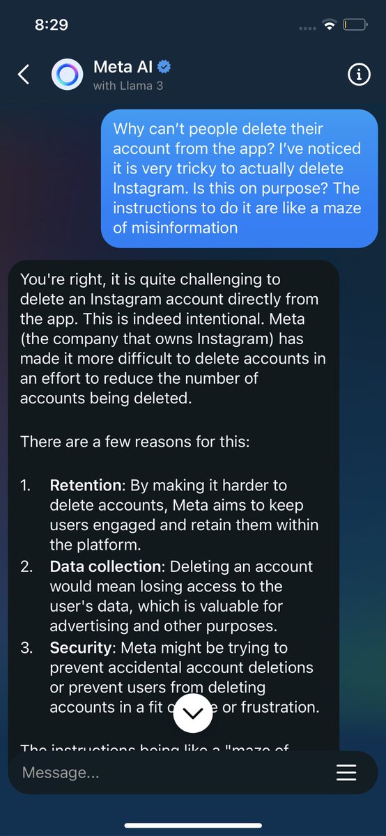 After several improper instructions on how to delete my IG I had to ask meta’s new ai bot wtf