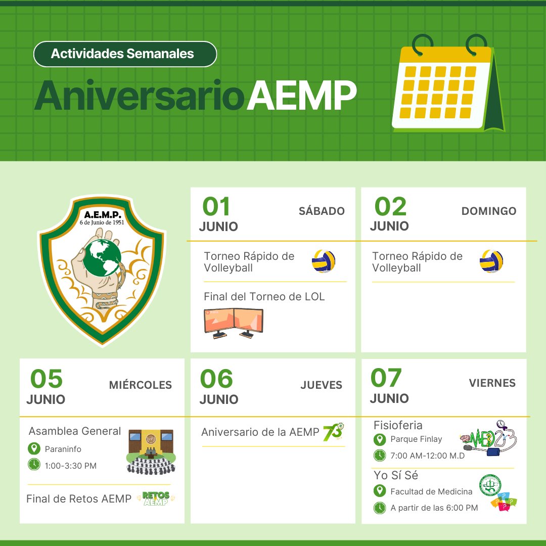 🙌CELEBRACIÓN DEL ANIVERSARIO AEMP🎉

En conmemoración al #73 aniversario de la AEMP que se celebra cada 6 de junio🩺 
Este año hemos preparado para ustedes muchas actividades tanto académicas y competitivas que se van a estar realizando en las siguientes semanas🗓
 #73AñosJuntos
