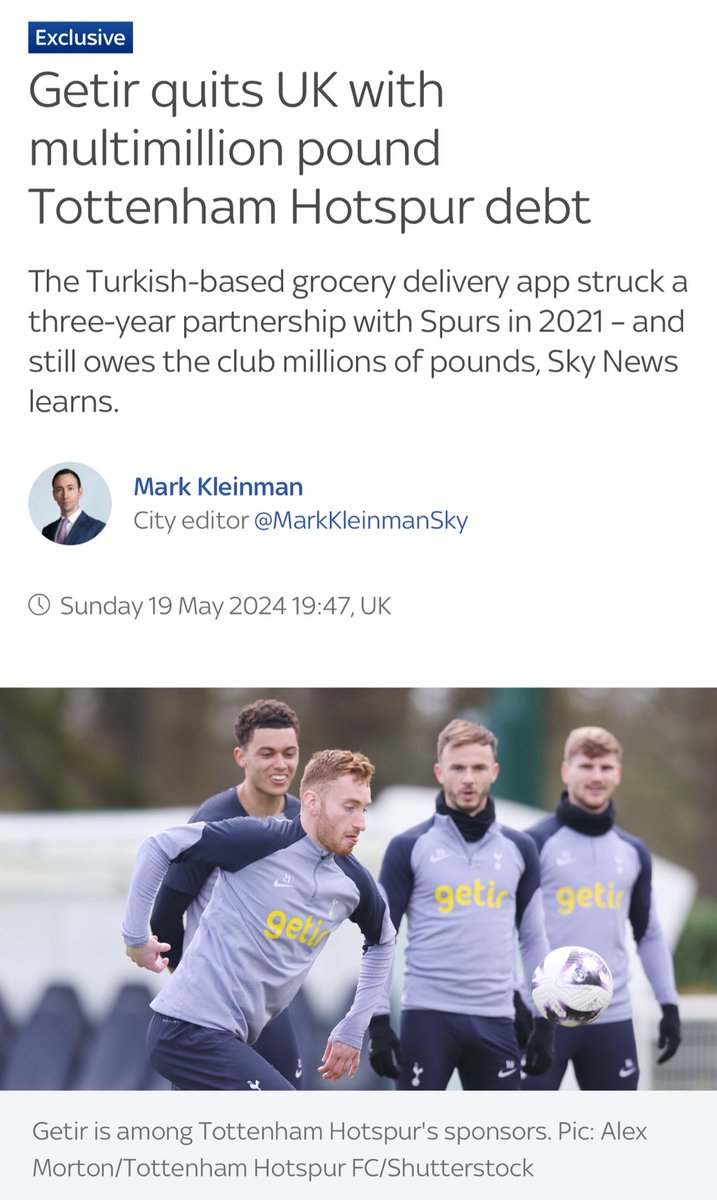 Getir'in antrenman sponsoru olup 3 yıllık anlaşma imzaladığı Tottenham'a 5 milyon pound borcu bulunuyor. SkyNews