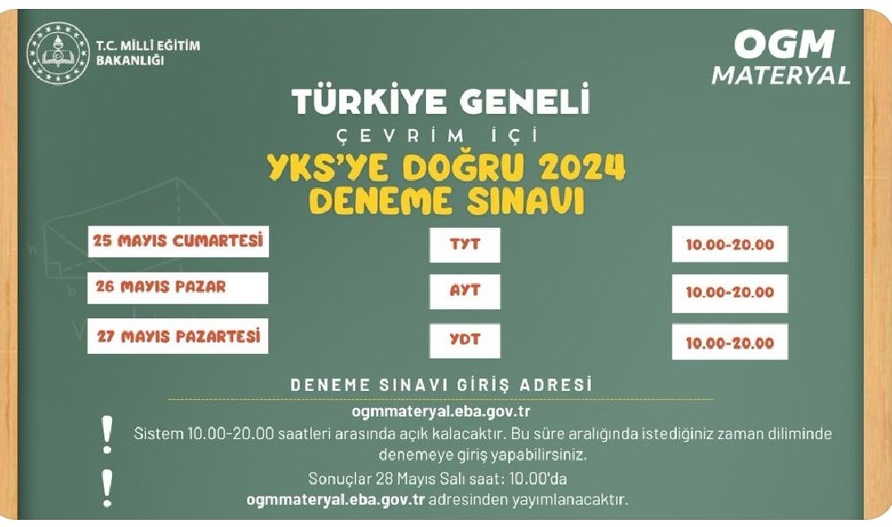 AltinyaylaMem58's tweet photo. YKS’ye Doğru 2024 Türkiye Geneli Çevrim İçi Deneme Sınavı yapılacaktır.

Detaylar için tıklayınız 👉https://t.co/ZNVxZEdQZQ

@tcmeb 
@Yusuf__Tekin 
@farukyelkenci 
@necatiyener_ https://t.co/jiAoaDELLx