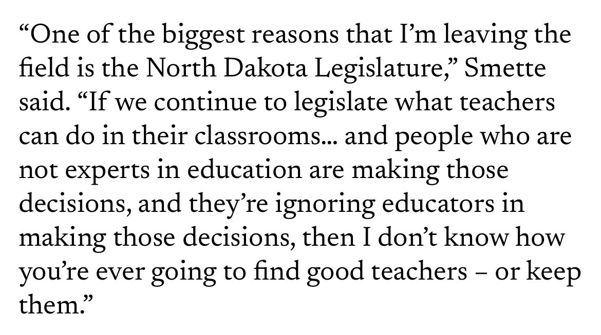 👀 Eye opening quote from a North Dakota educator leaving the teaching profession. As lawmakers, it’s our responsibility to support and uplift good teachers, not drive them out of the classroom with extreme policies.