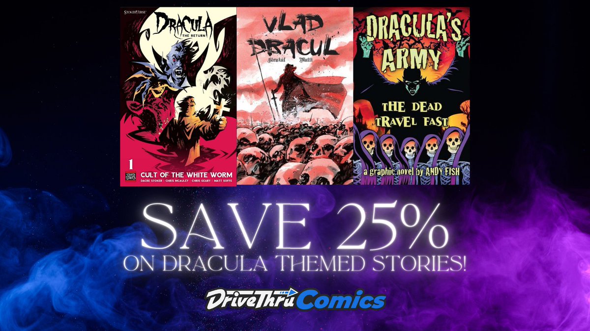 The Dracula Sale includes comics from @markosia @2000ad @thevaultcomics @scoutcomics @topcow & more! Save 25% for a limited time! Get ‘em here: tinyurl.com/yd6ftctk #comics #comicbooks