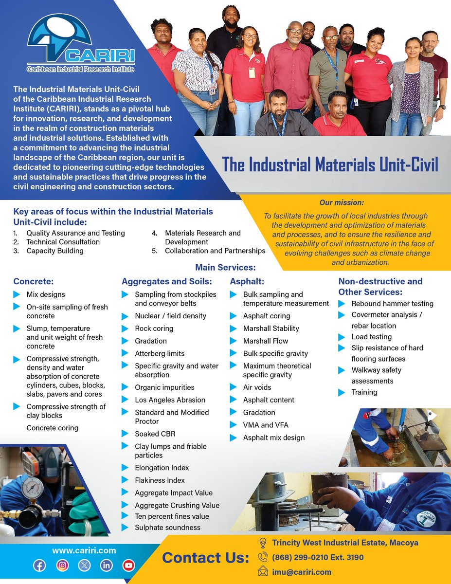 cariri_tt's tweet image. 🚧🔍 Spotlight on CARIRI&apos;s Industrial Materials Unit (IMU) - Civil Services! 🏗️✨

Consult with CARIRI for reliable and innovative civil services that stand the test of time. 

#CARIRI #IMUCivilServices #InfrastructureManagement #EngineeringExcellence #BuildingTheFuture