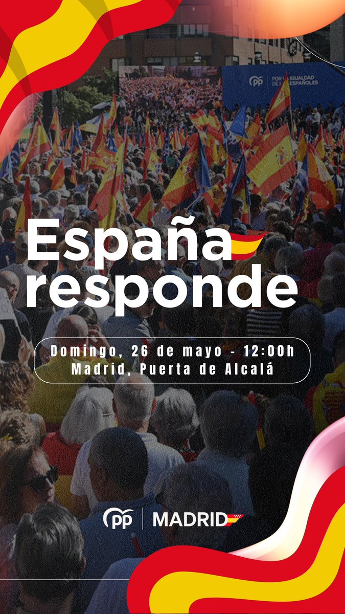Por la igualdad de todos y la Libertad. 
Frente a los montajes y los insultos. 
En defensa de la Democracia, la Independencia Judicial y la libertad de prensa. 

#EspañaResponde 🇪🇸

📆 Domingo, 26 de mayo. 
🕕 12h. 
📍 Puerta de Alcalá, Madrid.