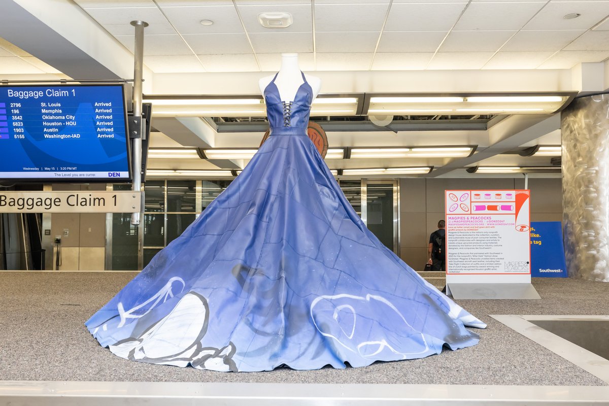 From @southwest seat leather to beautiful ball gown. 👗 Our new exhibit, Creatively Remade, is now on view! You'll be amazed by the upcycled art and design pieces. Visit flydenver.com/art for locations.