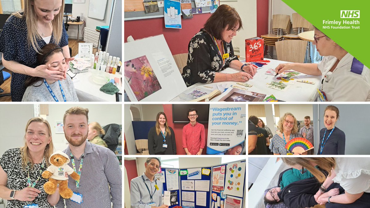 #WellbeingAtWork was the focus of a special staff event at #FrimleyParkHospital today. External stalls offered advice, FHFT teams provided guidance on apprenticeships & staff benefits and all whilst enjoying music by @radiofrimley - there was lots to explore at the PGEC today 💙