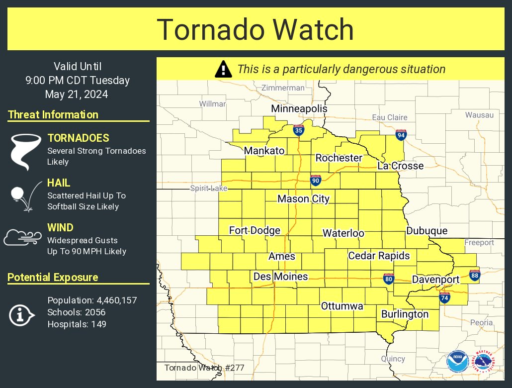 A **PARTICULARLY DANGEROUS SITUATION** Tornado Watch is in effect for all of SE Minnesota and No. Iowa until 9:00 PM. This is a high-end watch with the possibility of strong, violent tornadoes (EF2+). BE WEATHER AWARE and take warnings seriously if any are issued! #mnwx #iawx