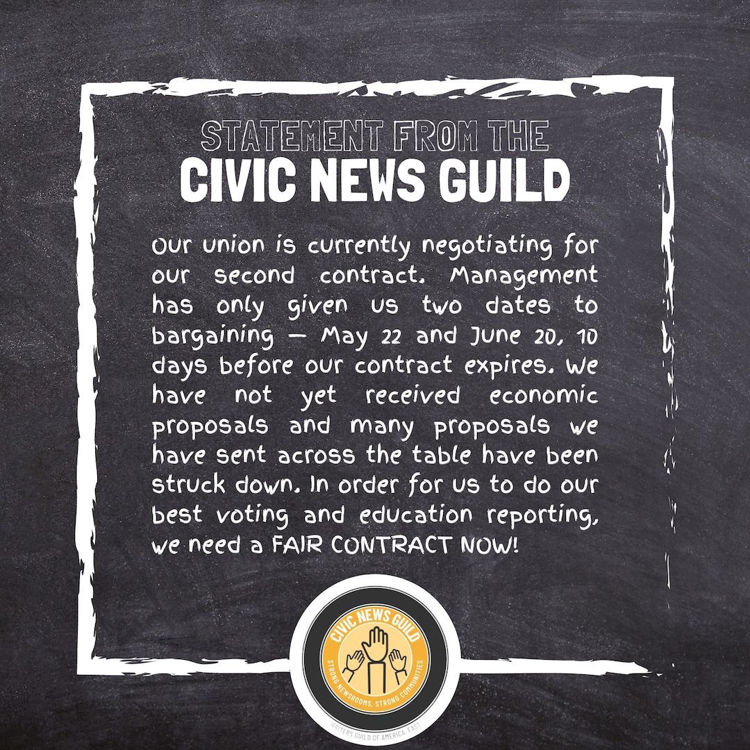 Our members at @Chalkbeat and @VotebeatUS are ready to bargain a fair second contract NOW — but management at @CivicNewsCo has only given us TWO bargaining dates before the current contract expires on June 30. Read the full statement from @CivicNewsGuild ⬇️ #1u