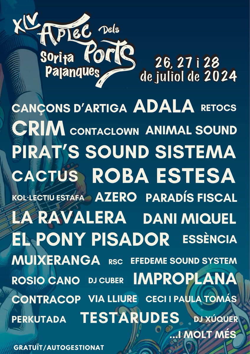 💥Us presentem el cartell amb els diferents actes d'aquest 45é #AplecdelsPorts💥

🗣 Recordeu que l'Aplec és una festa totalment autogestionada i, per tant, tots els concerts i les activitats són gratuïtes!

En moltes ganes 💞 de tenir-vos a tots i totes per Sorita!