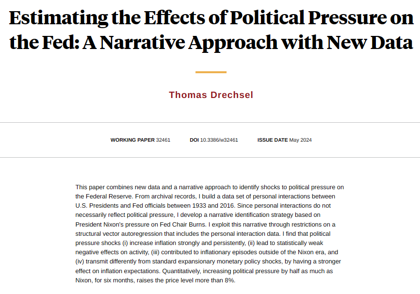 Using new data and a narrative approach to study political pressure on the Federal Reserve captures personal interactions between US Presidents and Fed officials, from @td_econ nber.org/papers/w32461