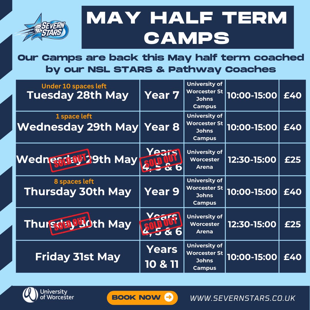 SevernStars's tweet image. JUST 1 WEEK TO GO 🤩🙌

Our May half term camps start 1 week today! Come and join us and be coached by our NSL Stars 💙🧡

Spaces are limited - be quick and don’t miss out!! 
Book Now 👉 webengine-01.worc.ac.uk/futurestars/ 

#netball #netballtraining #netballskills #netballlife