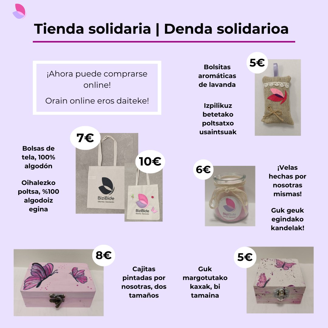 Nuestros artículos solidarios: bizi-bide.com/tienda/
Todo lo recaudado en la tienda solidaria irá destinado a ofrecer más servicios al colectivo.
Denda solidarioan bildutako diru guztia kolektiboari zerbitzu gehiago eskaintzera bideratuko da.

#em #sfc #fm #sqm #ehs