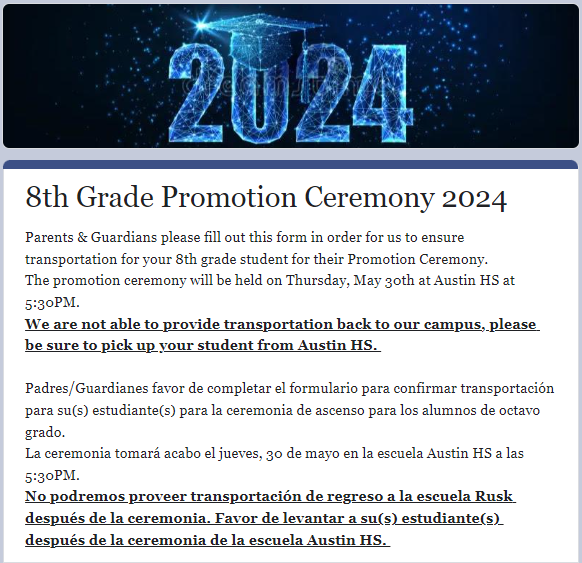 Hello 8th Grade Parents, Please fill out this survey to help us better prepare for the 8th Grade Promotion Ceremony. Thank you. bit.ly/3yuvHeK