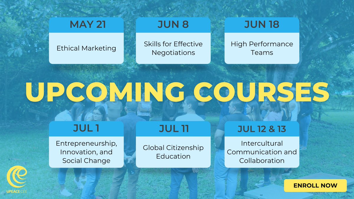 Check out our upcoming courses! 🚀

📅 Details: bit.ly/UPEACECourses
📞 Call us: bit.ly/Call-Us-UPEACE
✉️ Email: centre@upeace.org

🌍 Empower your future with UPEACE! 🌍
#UPEACE #CareerGrowth