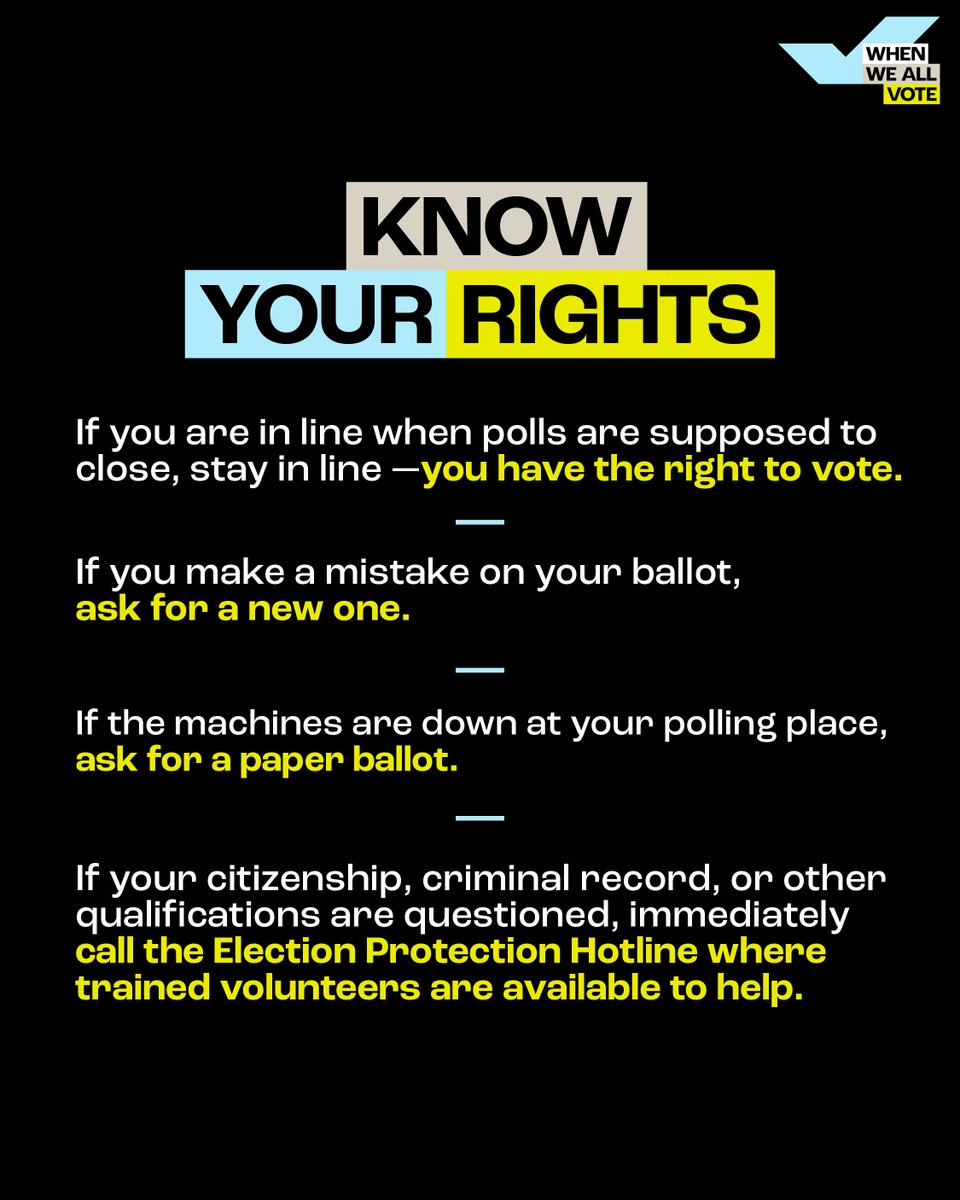 It’s Election Day in FIVE states today! 5️⃣🗳️ As you prepare to cast your ballot, we want YOU to know your rights as a voter. If you have any concerns or questions while casting your ballot, call or text the Election Protection Hotline @866OURVOTE (866-687-8683). 📲