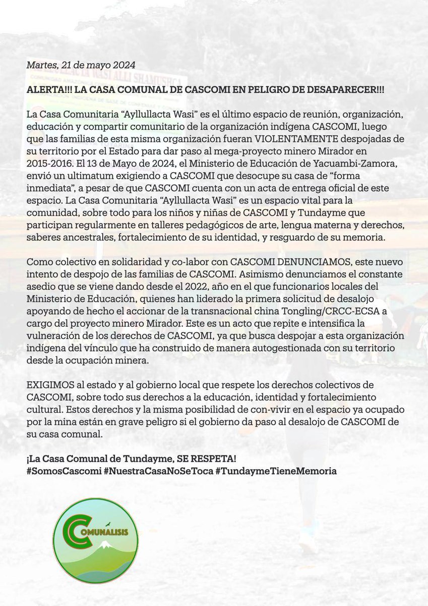 🔴ALERTA: CASA COMUNAL DE <a href="/CASCOMICOMUNICA/">COMUNIDAD@CASCOMI</a> EN PELIGRO DE DESAPARECER!
Nos pronunciamos en solidaridad con lxs compañerxs y denunciamos este intento del Estado y la mina #Mirador de despojar a CASCOMI de su casa, espacio vital para la comunidad.
#SomosCascomi #NuestraCasaNoSeToca