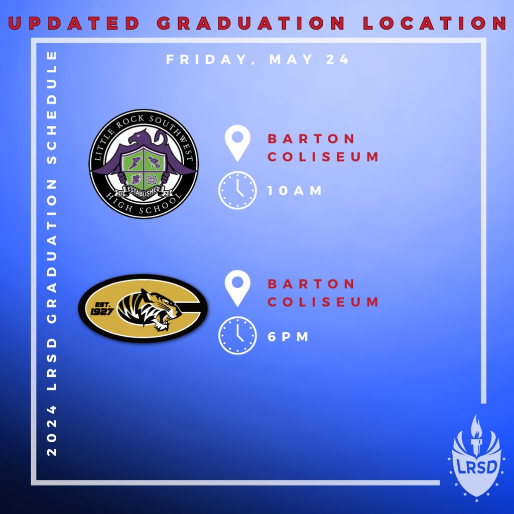 GRADUATION UPDATE: Due to unpredictable weather forecasts, our graduation ceremonies are moving to Barton Coliseum, 2600 Howard St. Dates and times remain unchanged, except for Hall STEAM Magnet High School, now at noon instead of 10 AM.