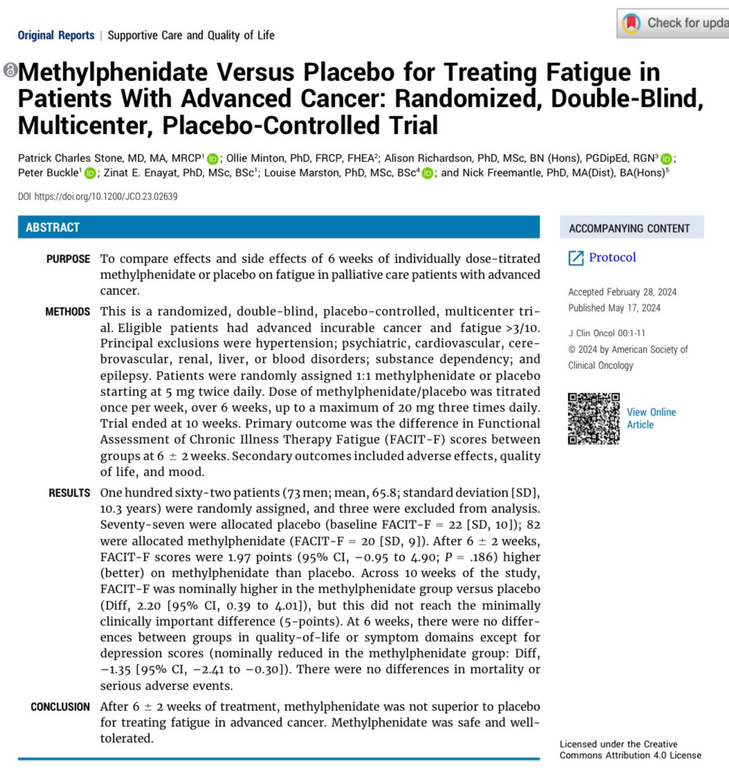 Read our @NIHRresearch funded RCT on the effectiveness of methylphenidate versus placebo for cancer fatigue. Over 10 years of work. Published in @JCO_ASCO doi.org/10.1200/jco.23… @MarieCurieEOLC @UCLPsychiatry