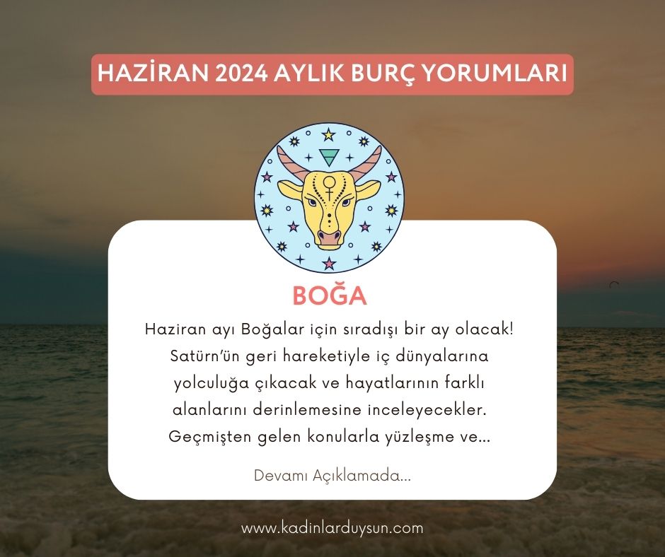 ♉ BOĞA BURCU HAZİRAN 2024 YORUMU Haziran ayı Boğalar için sıradışı bir ay olacak! Satürn’ün geri hareketiyle iç dünyalarına yolculuğa çıkacak ve hayatlarının farklı alanlarını derinlemesine inceleyecekler. Geçmişten gelen konularla yüzleşme ve... ➡ kadinlarduysun.com/boga-burcu-haz…